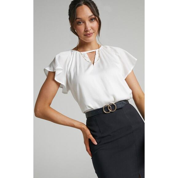 Showpo Demmi Top Womens 6 White Round Neck Keyhole Cutout Flutter Sleeve Lined - Picture 13 of 15